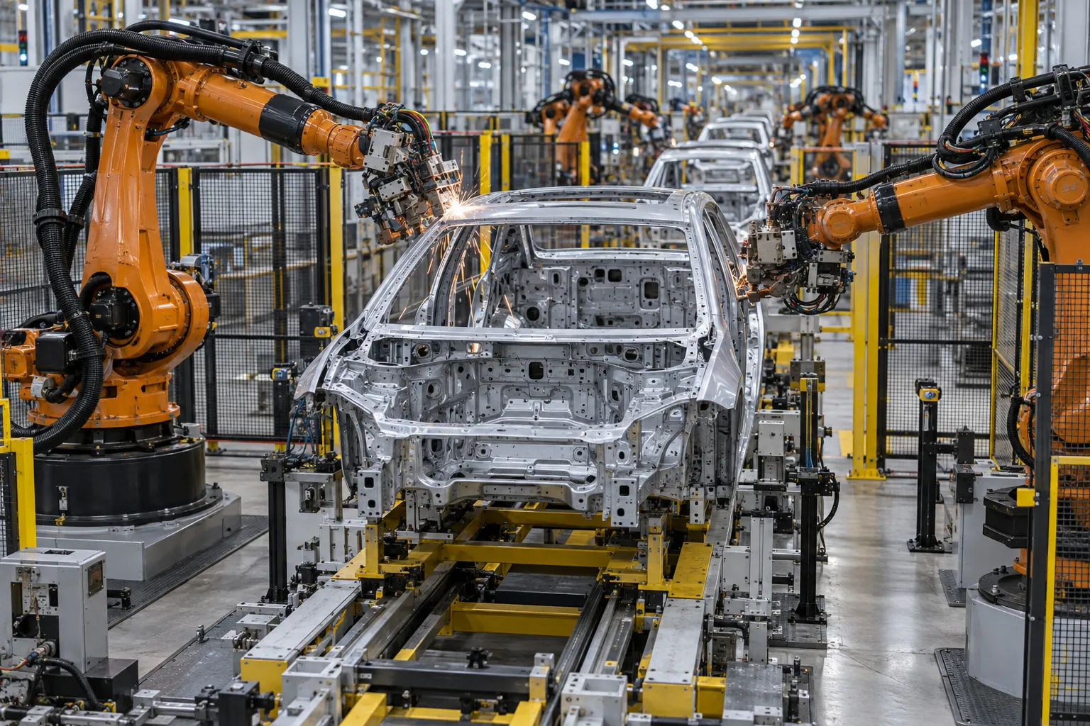 Brazos robóticos industriales en una línea de manufactura automatizada