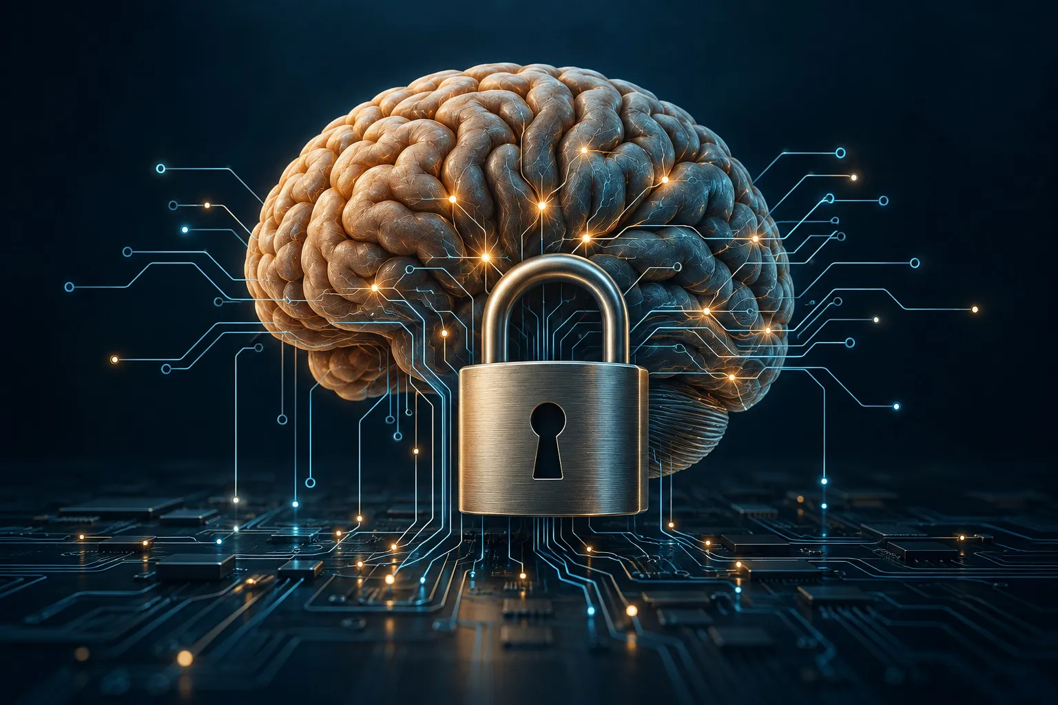Cerebro conectado a circuitos digitales con un candado de ciberseguridad