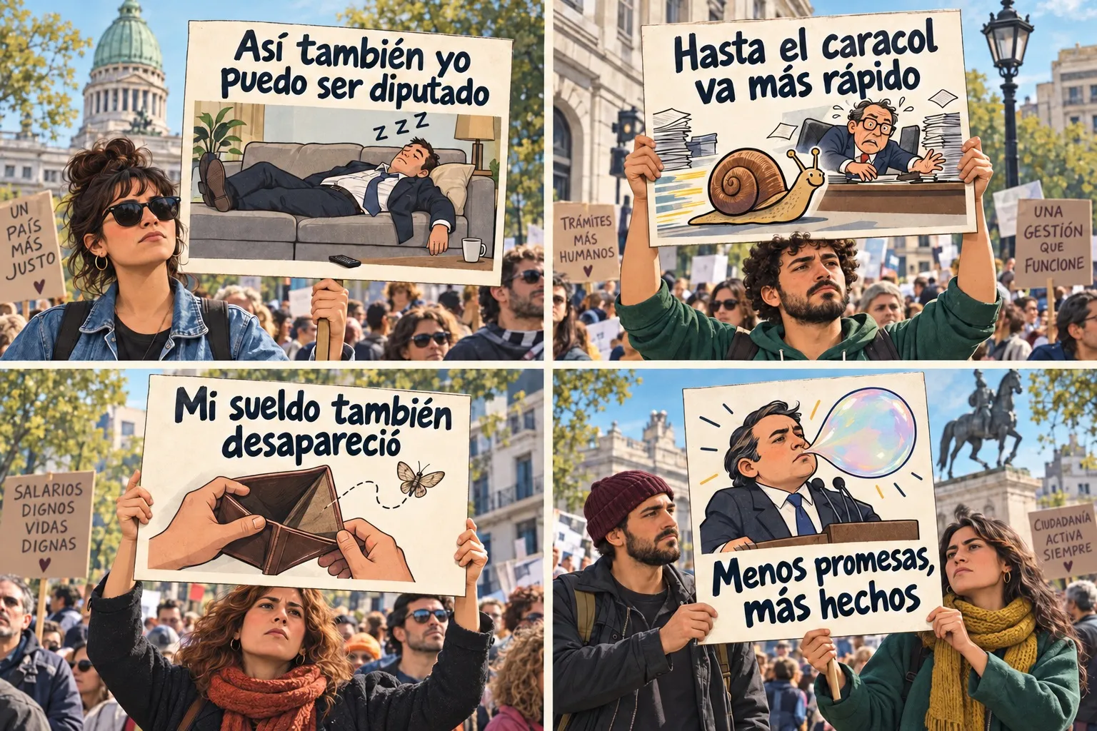 Collage ilustrativo de cuatro protestas con personas serias sosteniendo pancartas de memes sobre diputados, burocracia, salarios y promesas políticas.