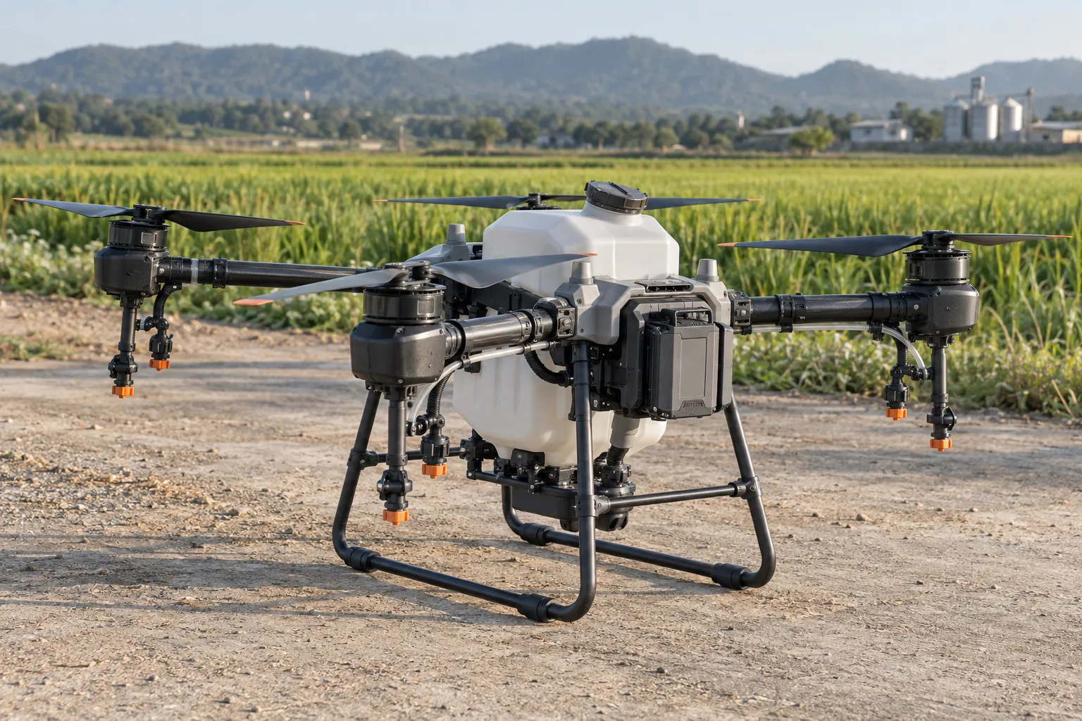 Dron de fumigación DJI Agras preparado para una misión