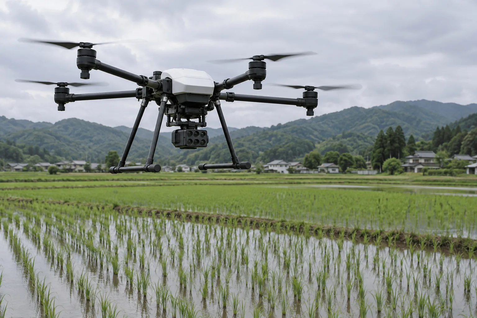 Dron con cámara multiespectral sobre un cultivo de arroz en Japón