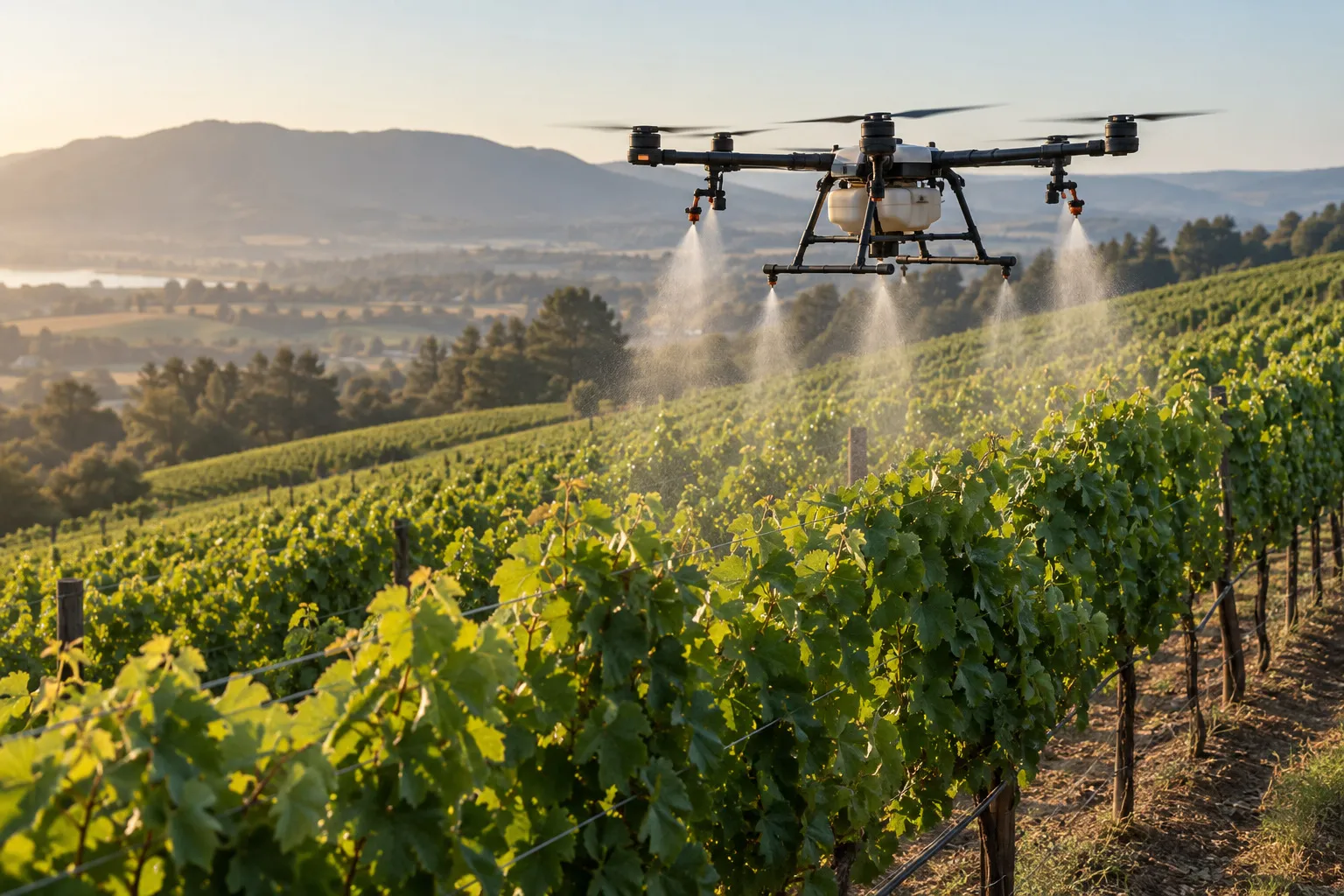 Dron realizando pulverización dirigida sobre un viñedo