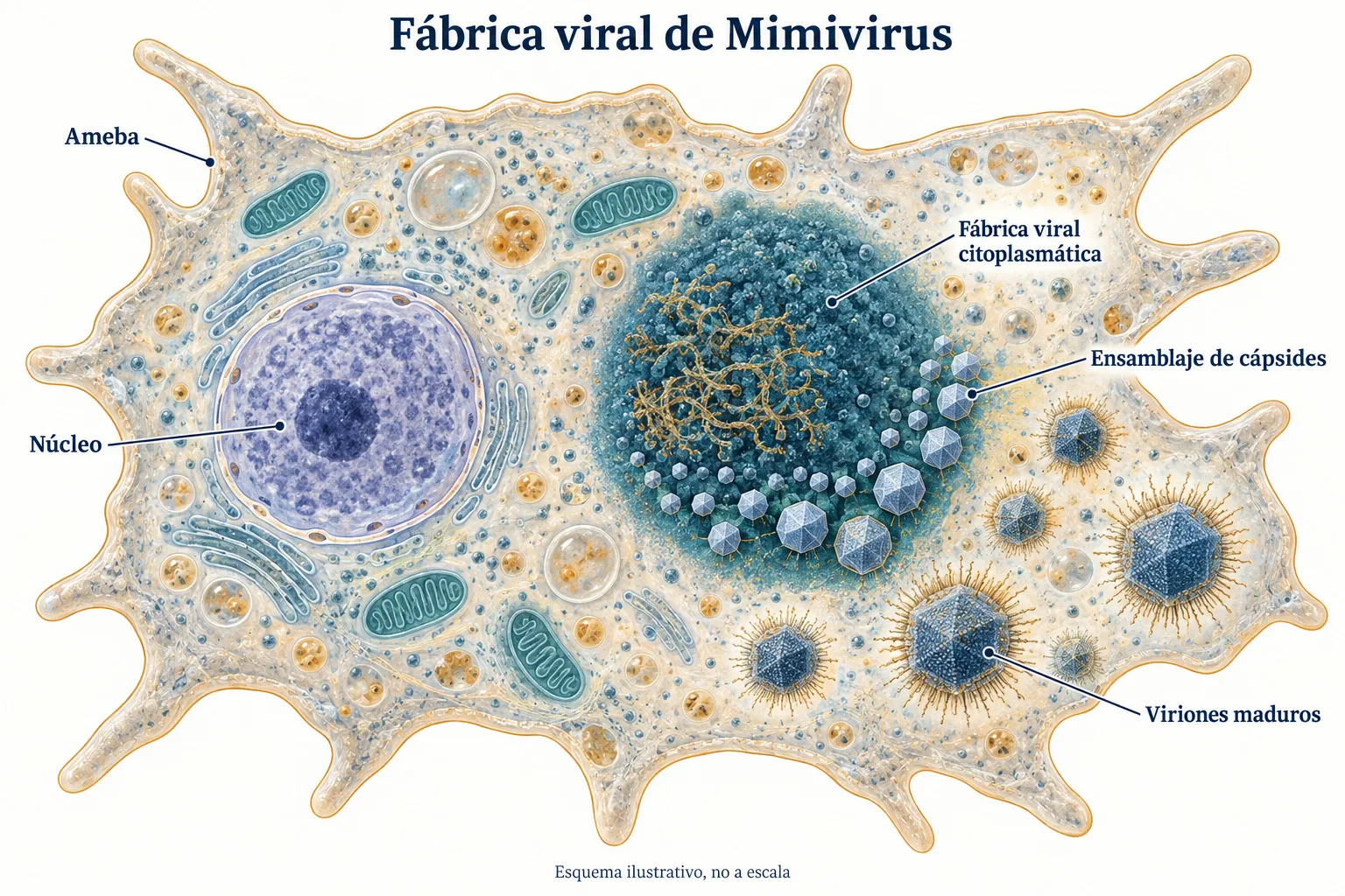 Micrografía o diagrama de una fábrica viral en una ameba o alga