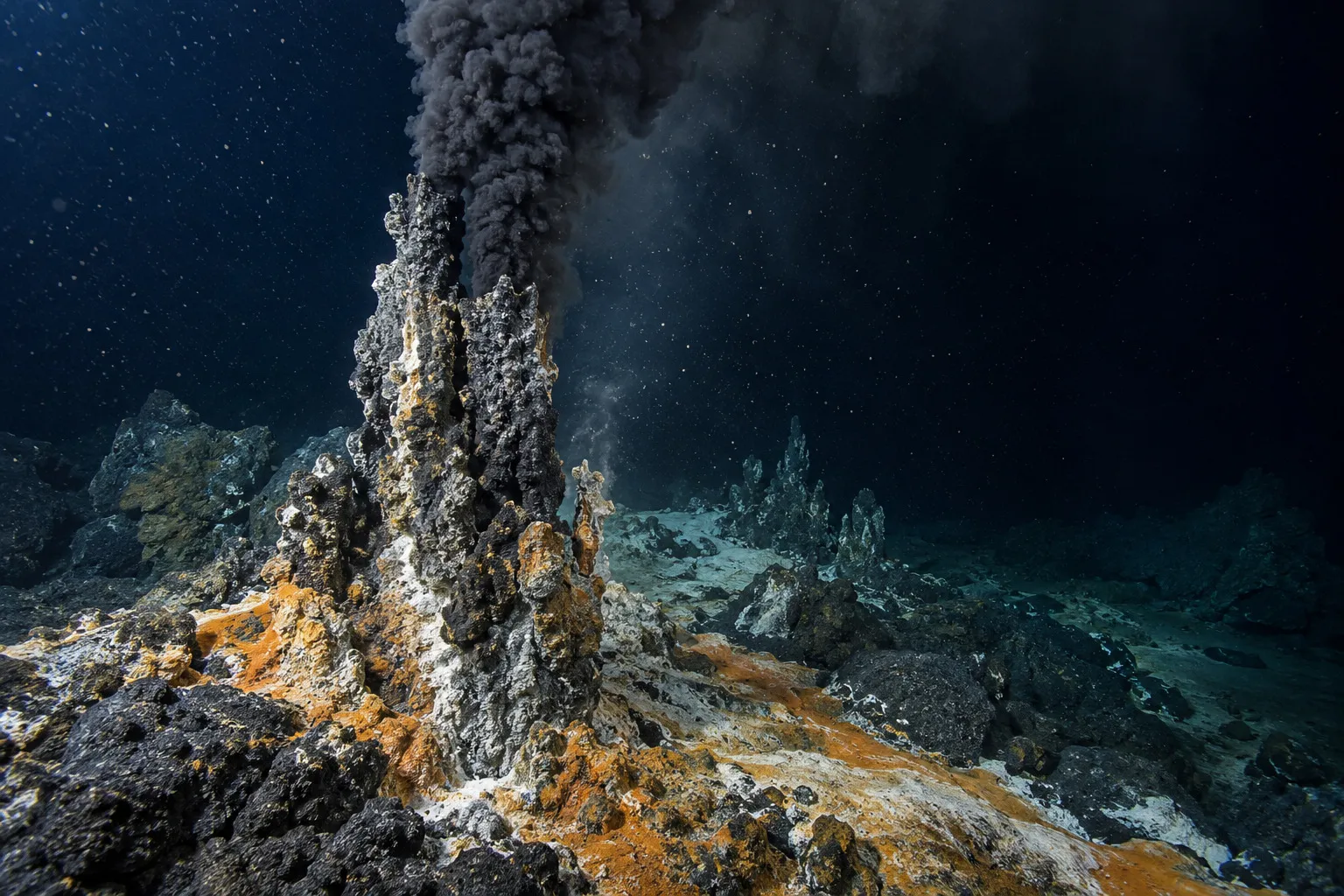 Fumarola hidrotermal submarina con tapetes microbianos