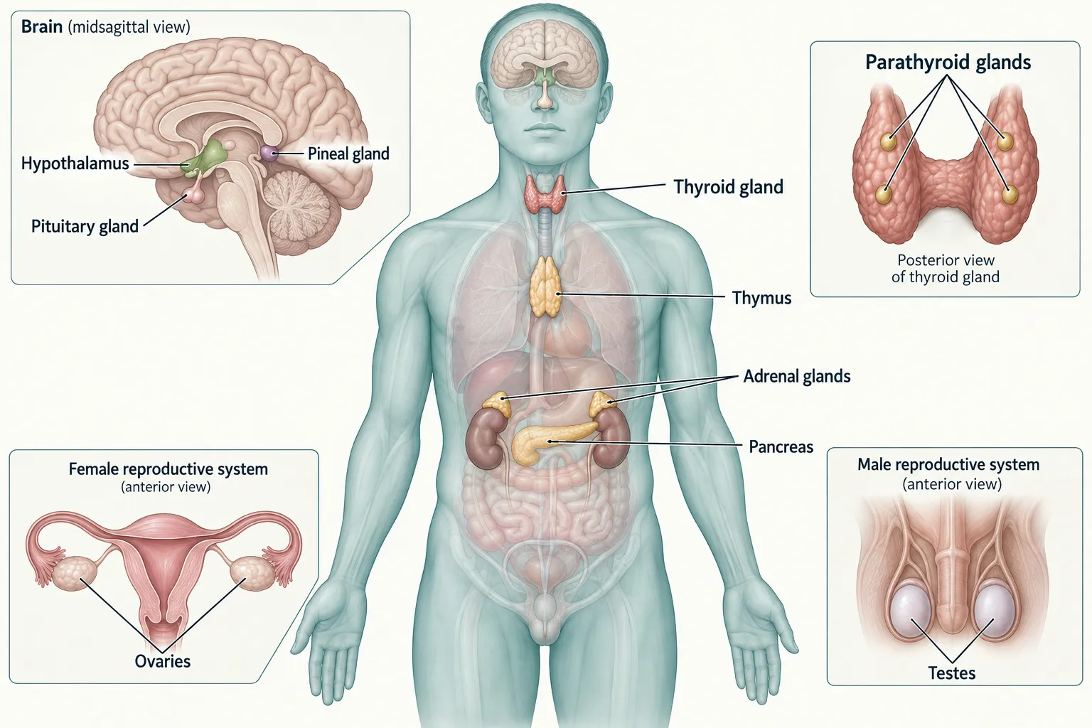 Diagrama de las principales glándulas del sistema endocrino humano