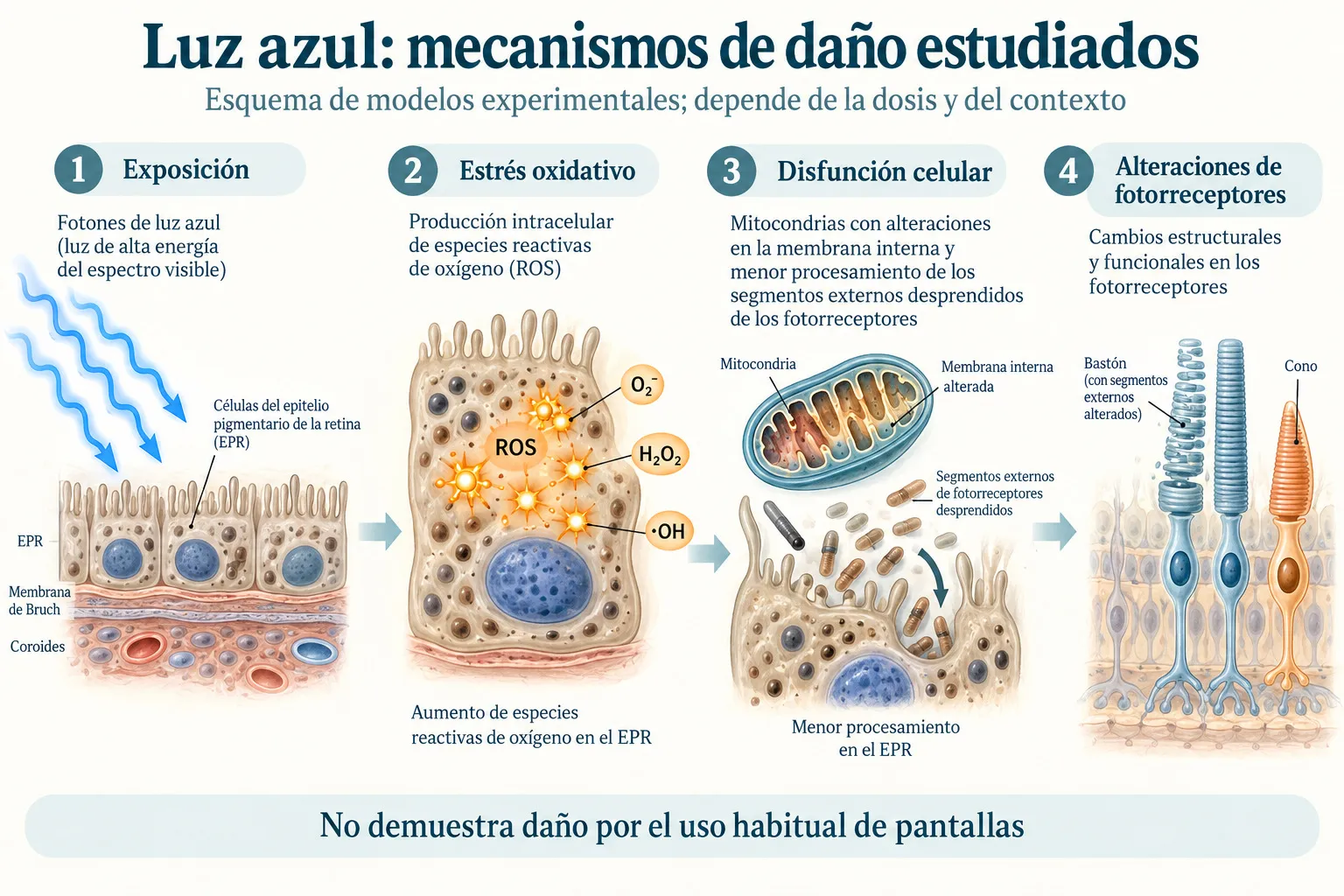 Esquema de los mecanismos de daño retiniano inducidos por luz azul