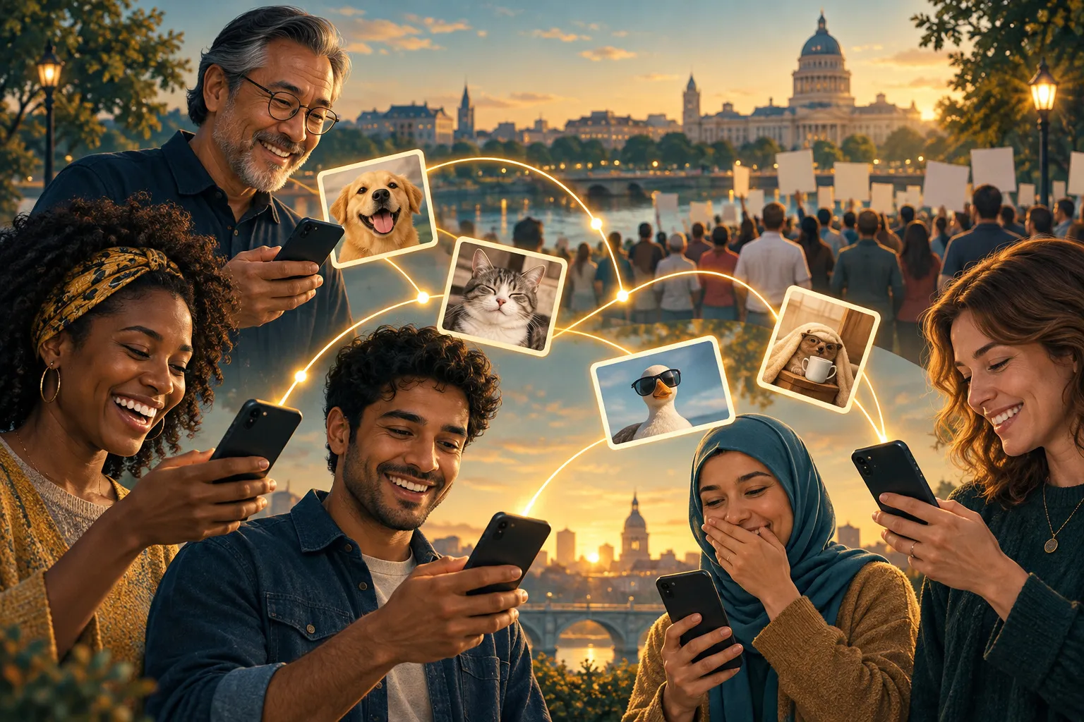 Ilustración de memes digitales compartidos entre personas y movimientos sociales