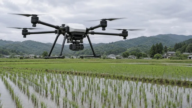 Dron con cámara multiespectral sobre un cultivo de arroz en Japón