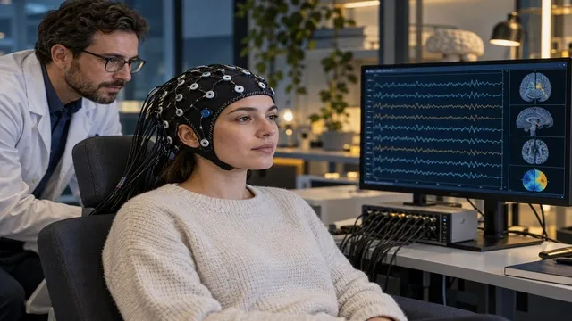 Persona con sensores EEG conectados a una computadora en un entorno de investigación