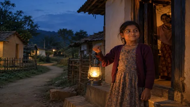 Niño de una comunidad rural con una lámpara de queroseno al anochecer