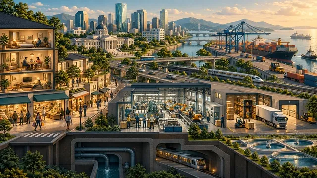 Ilustración de hogares, empresas, infraestructura y comercio como componentes de la actividad económica
