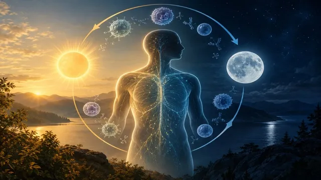 Ilustración conceptual del ciclo de día y noche y su relación con el sistema inmunitario