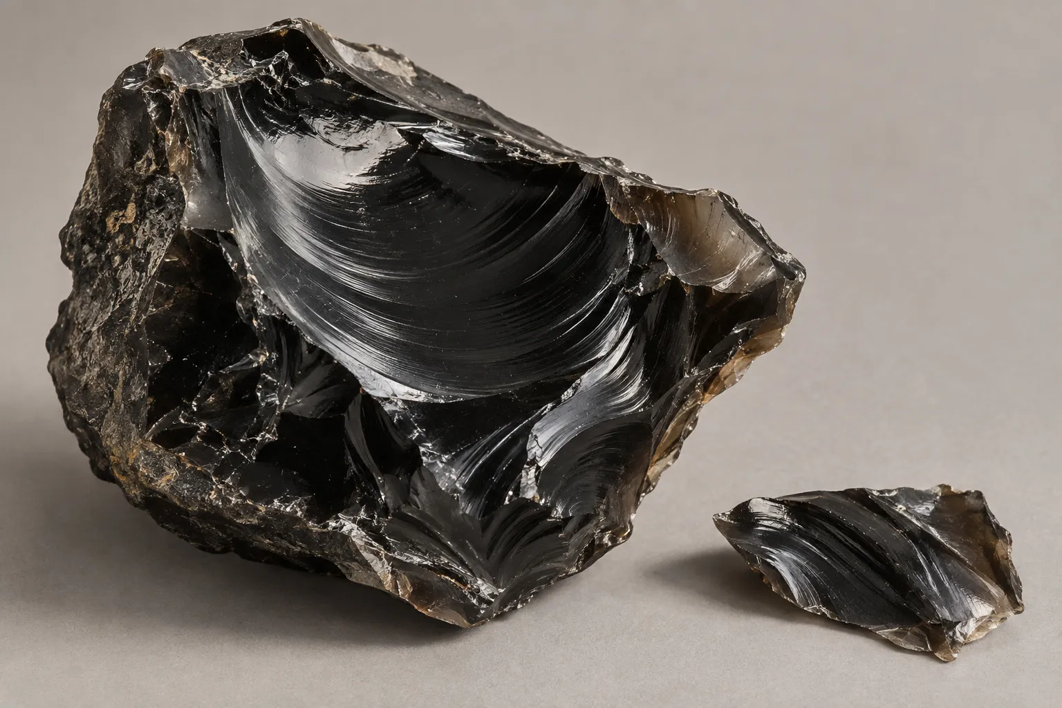 Obsidiana cruda de origen volcánico y su fractura concoidea