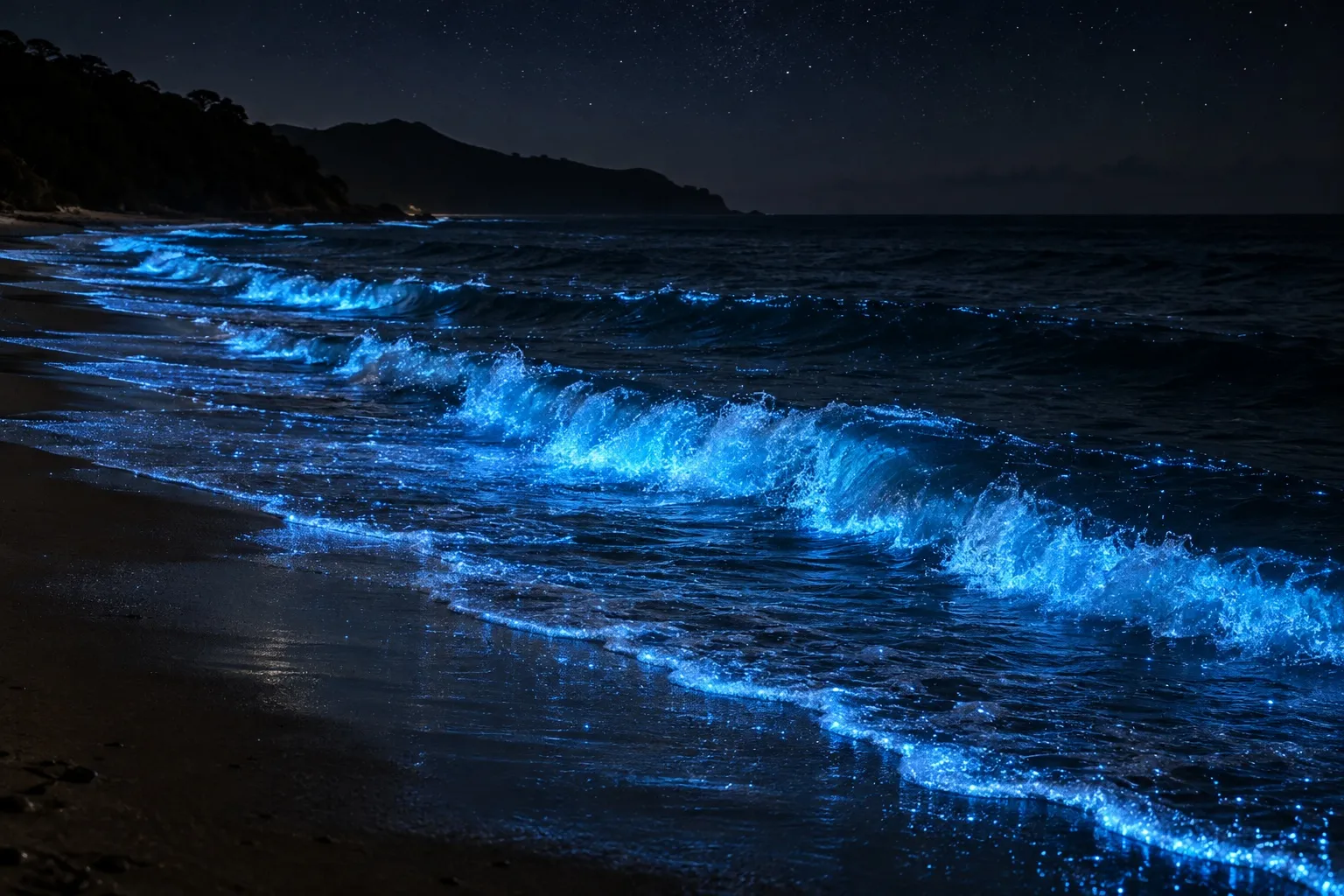 Recreación ilustrativa de olas nocturnas con brillo azul bioluminiscente en la costa, asociado a dinoflagelados como Noctiluca scintillans.