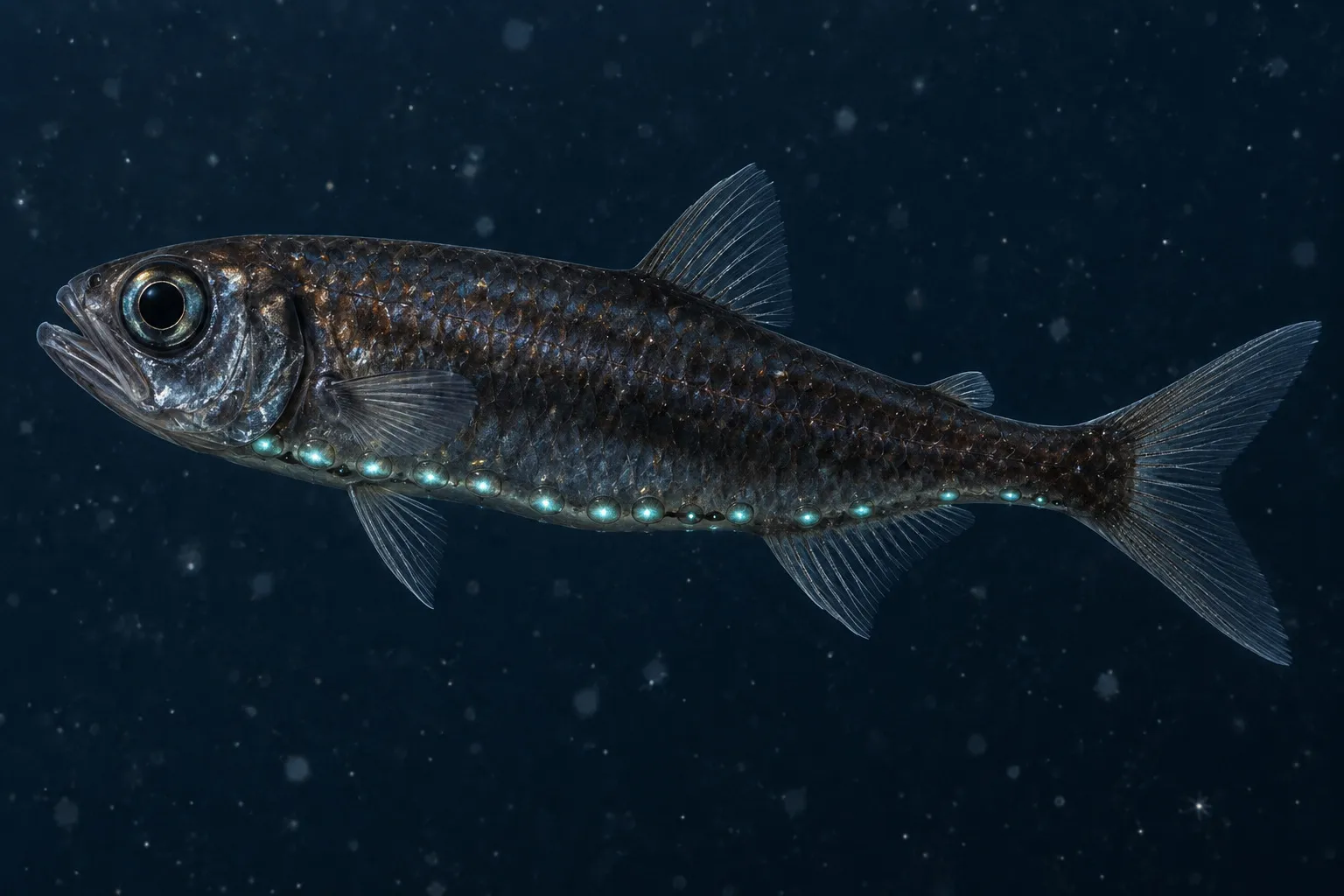 Pez linterna Diaphus con fotóforos ventrales visibles