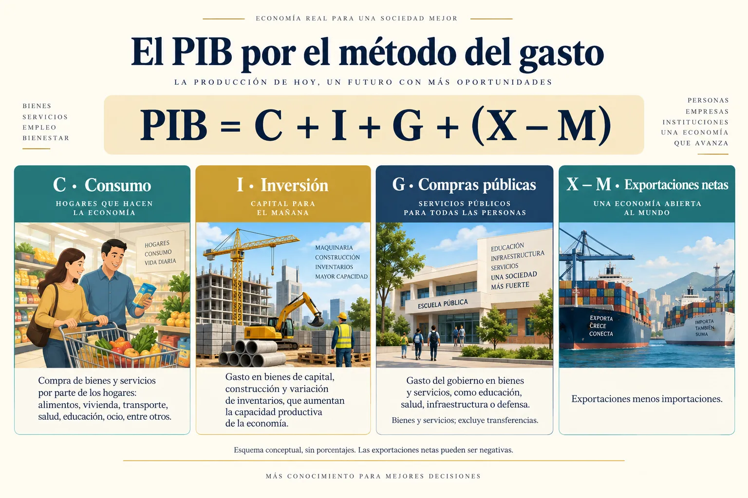 Componentes del PIB por el método del gasto: consumo, inversión, gasto público y exportaciones netas