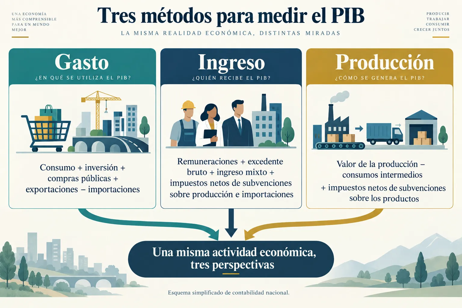 Cuadro comparativo de los métodos de cálculo del PIB: gasto, ingreso y producción