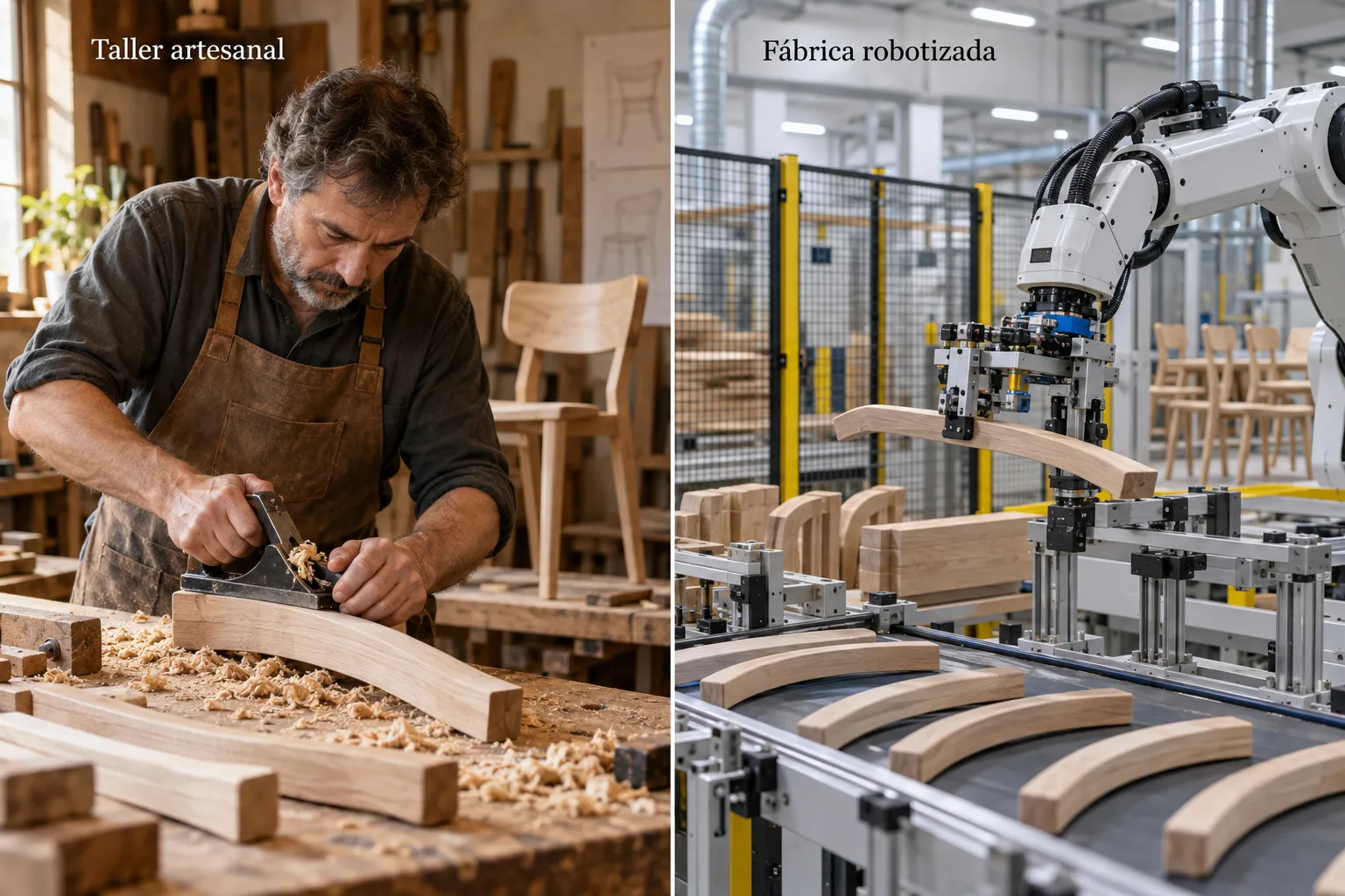Comparativa visual de un taller artesanal y una fábrica robotizada