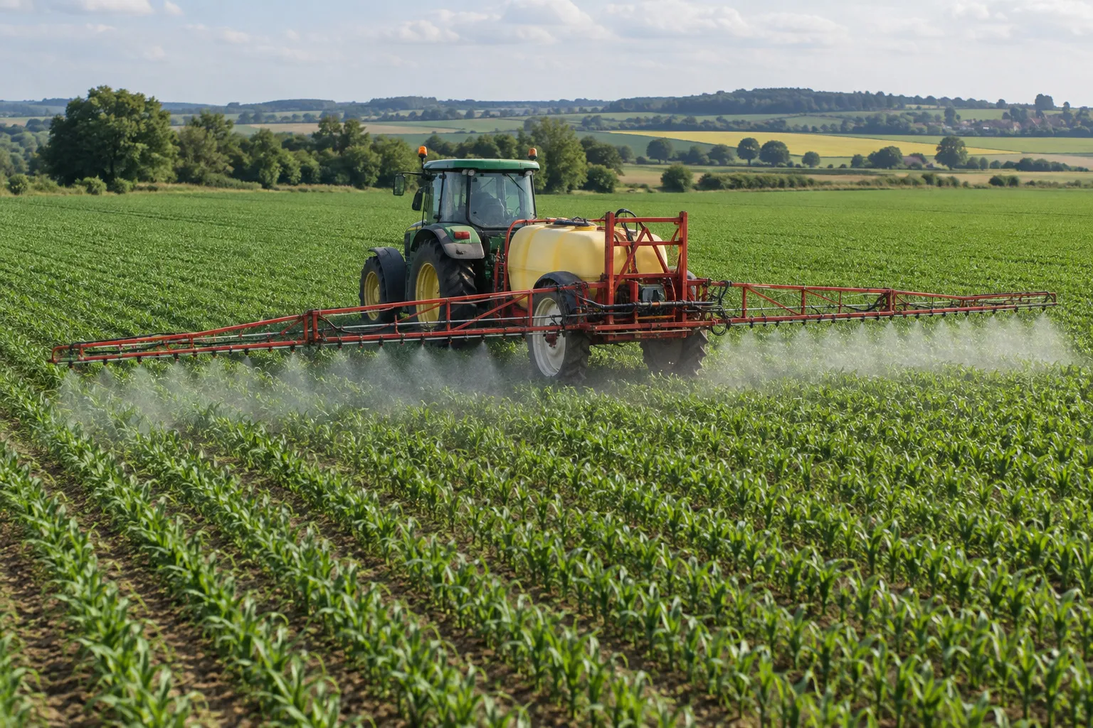 Tractor fumigando un campo agrícola con pesticidas