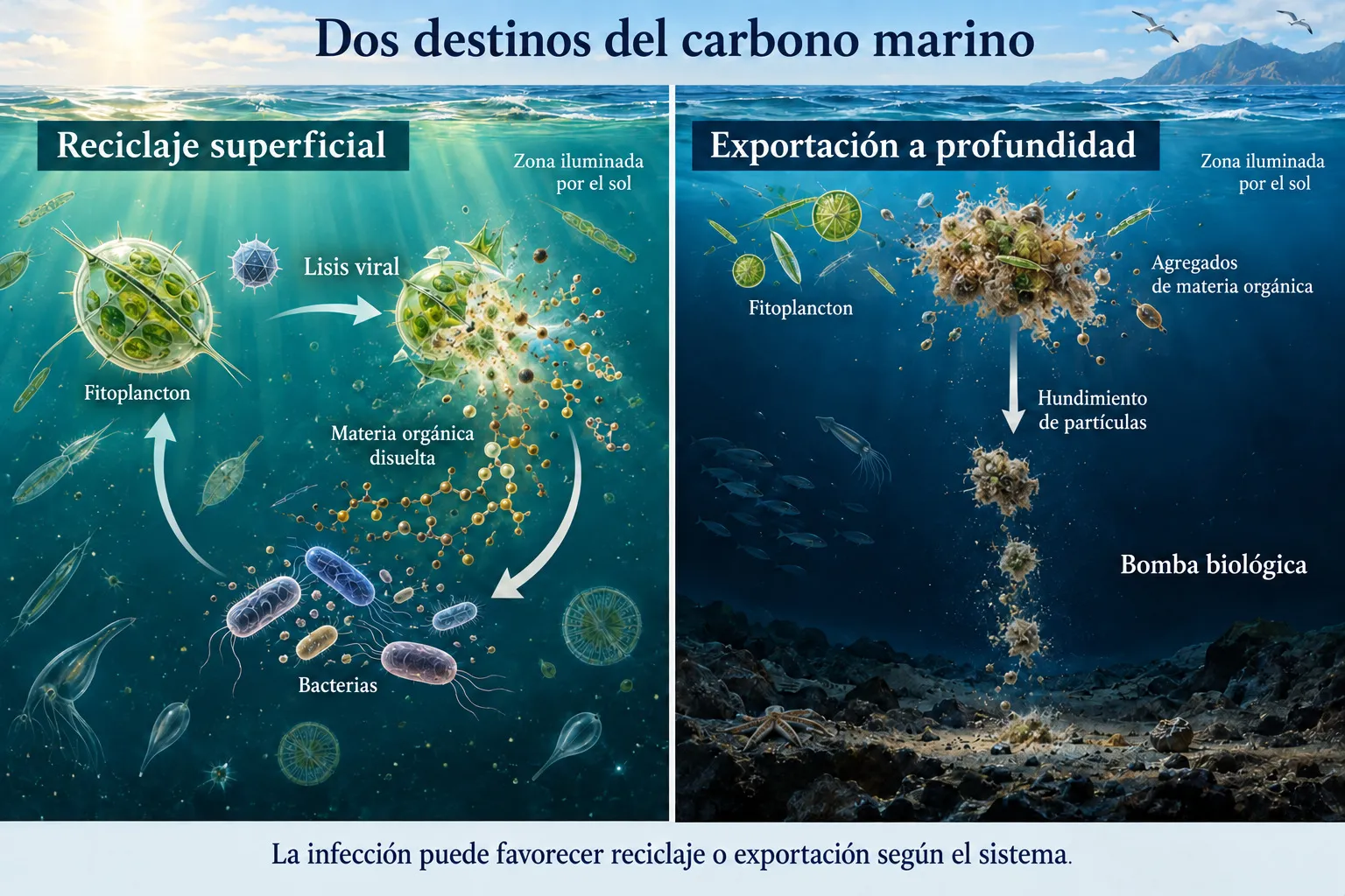 Esquema comparativo del viral shunt y la exportación por bombeo biológico